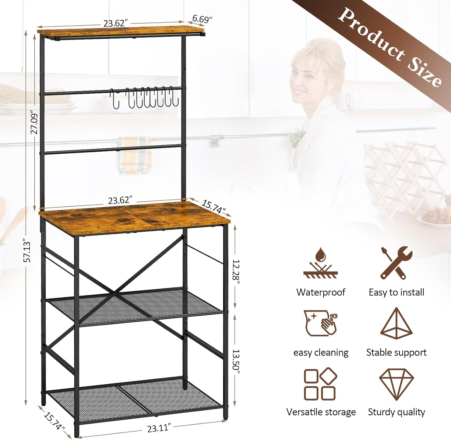 4 Tier Coffee Bar Station, Kitchen Stand with 8 S-Shaped Hooks, Large Space Coffee Station Table, Farmhouse Coffee Bar Shelf, Bakers Rack for for Kitchen, Living Room, 23.62" W X 15.74" D X 57.13" H
