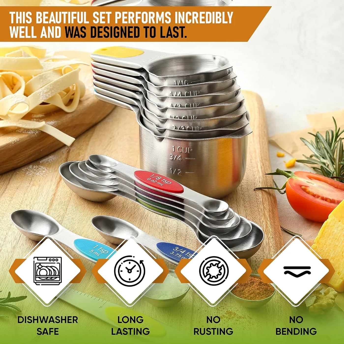Magnetic Measuring Cups & Spoons Set, Patented, Strong N45 Magnets, Heavy Duty Stainless Steel Fits in Spice Jars for Baking & Cooking, BPA Free, Set of 15 with Leveler, Multicolor