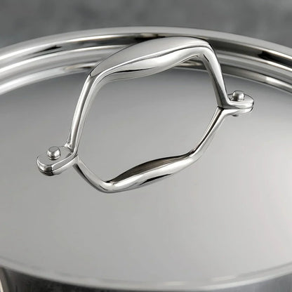 Stainless steel cookware lid with ergonomic handle, perfect for everyday kitchen use and organized cooking.