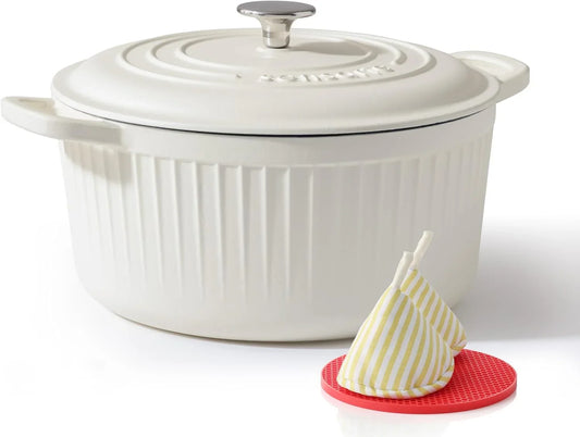 Enameled Cast Iron Dutch Oven Pot with Lid 5.5 Quart Heavy-Duty round Dual Handles Kitchen Pot with Cotton Potholders & Silicone Trivet, Pot for Bread Baking, Stews, Braising, Roasting, Oven Safe up to 500°F, White