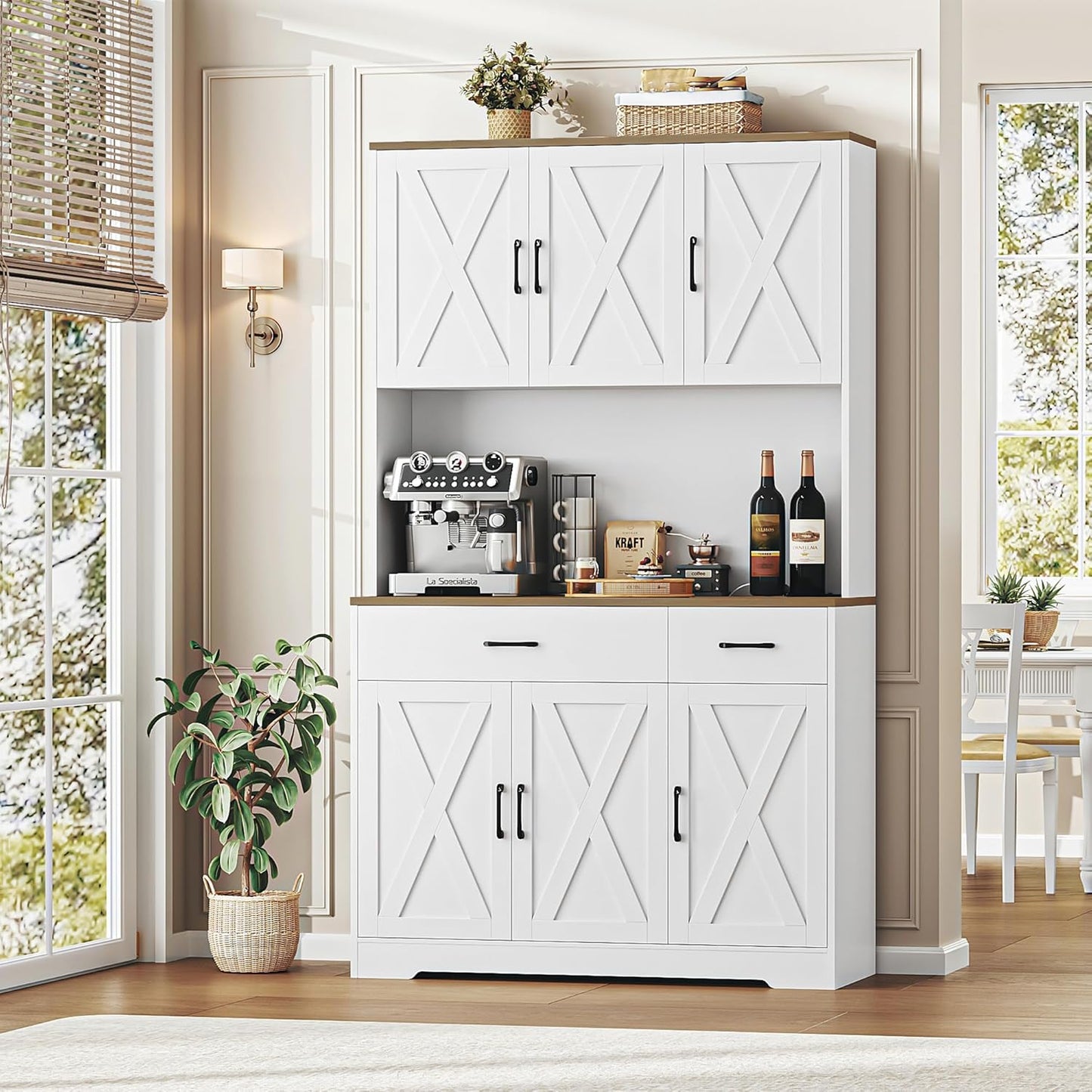 71" Pantry Cabinet with Charging Station, Tall Kitchen Pantry Storage Cabinet with Microwave Stand, Farmhouse Kitchen Hutch with Storage Drawers for Living Room, Dining Room, White