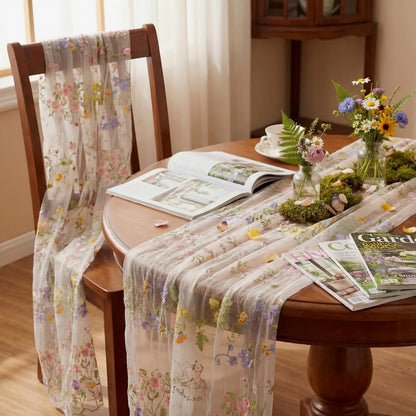 Ivory White Floral Table Runner 10Ft Embroidery Tulle Spring Wildflower Table Runner Seasonal Summer Butterfly Kitchen Dining Gauze Decoration for Wedding Baby Shower Birthday Party (1 Pcs)