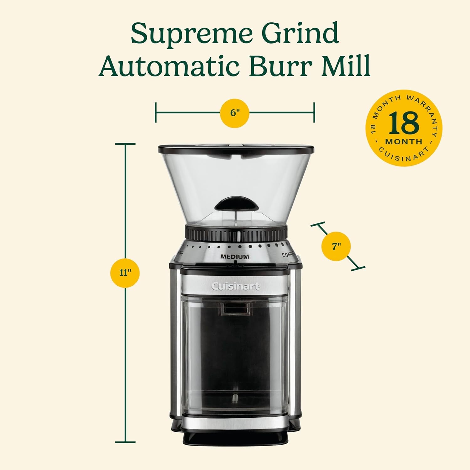 Coffee Grinder, Electric One-Touch Automatic Burr Coffee Grinder with 18-Position Grind Selector, Cup Size Selector for 4 – 18 Cups, DBM-8P1, Black Stainless