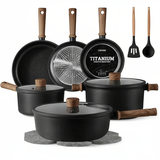 Black titanium nonstick cookware set with wooden handles, glass lids, and utensils for everyday cooking