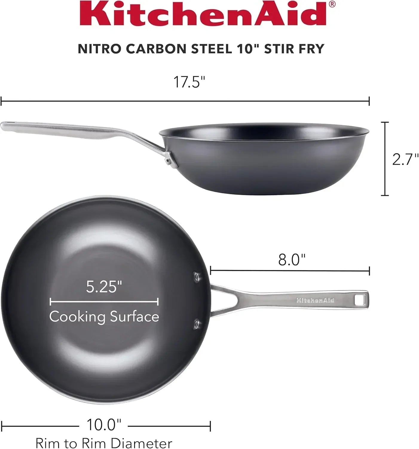 KitchenAid Nitro Carbon Steel 10-inch Stir Fry Pan with Dimensions