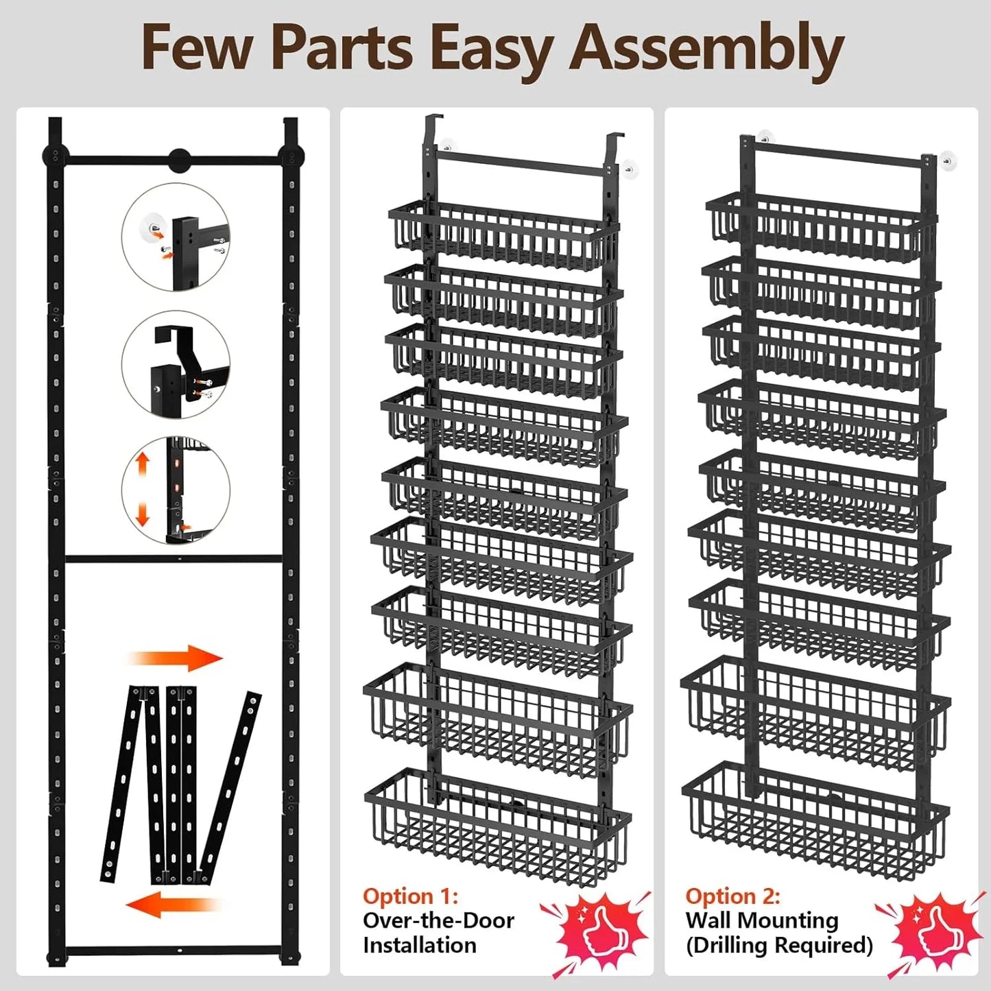 9 Tier over the Door Pantry Organizer, 2 in 1 Wall Mount or Hanging Spice Rack with Adjustable Basket, Seasoning Organizer and Storage for Kitchen Cabinet Closet Bathroom