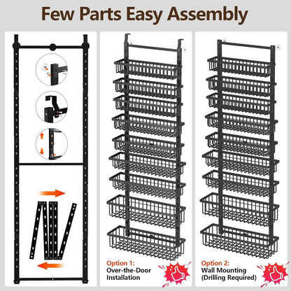 9 Tier over the Door Pantry Organizer, 2 in 1 Wall Mount or Hanging Spice Rack with Adjustable Basket, Seasoning Organizer and Storage for Kitchen Cabinet Closet Bathroom