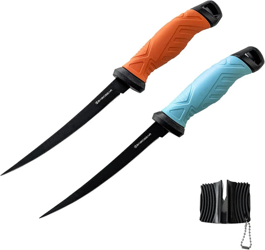 Fishing Fillet Knife Set of 2 – 7” 440C Stainless Steel Blade with Non-Stick Coating, Ergonomic Non-Slip Handle, Sheath, and Sharpener – for All Fish Types