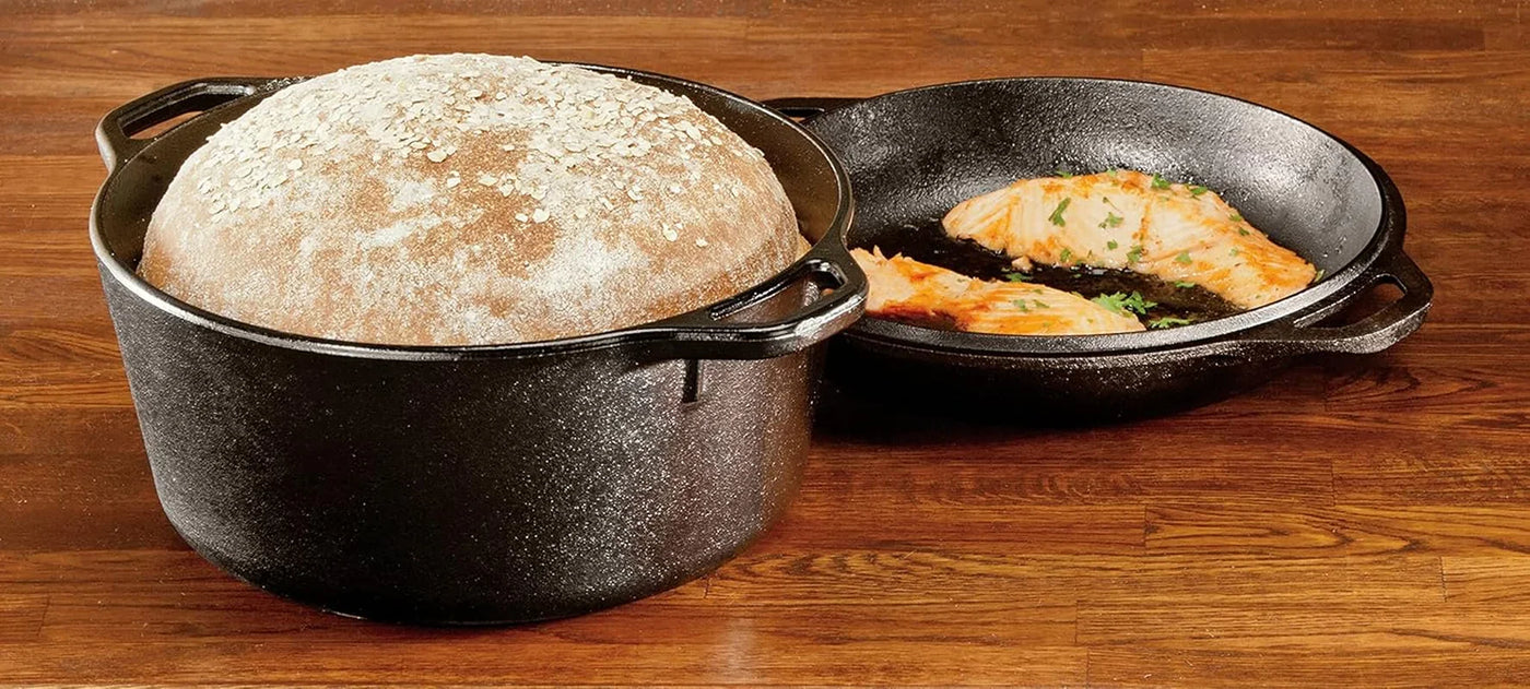 Cast Iron Double Dutch Oven - Pre-Seasoned 2-In-1 Cast Iron Cookware - Pot & Skillet Combo - Even Heat Retention - Oven-Safe, Versatile Pot - 5 Quart