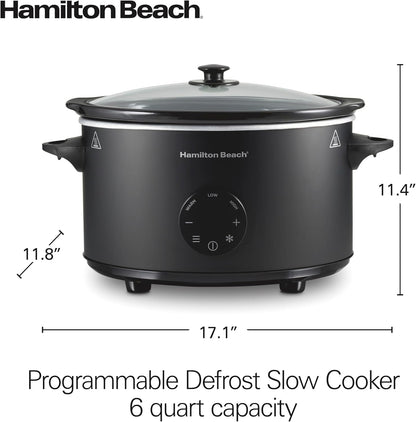 6 Quart Set & Forget Programmable Slow Cooker with Defrost Function, Flexible Programming, Adjustable Countdown Timer, Large Dishwasher Safe Stoneware Crock and Glass Lid, Black (33765)