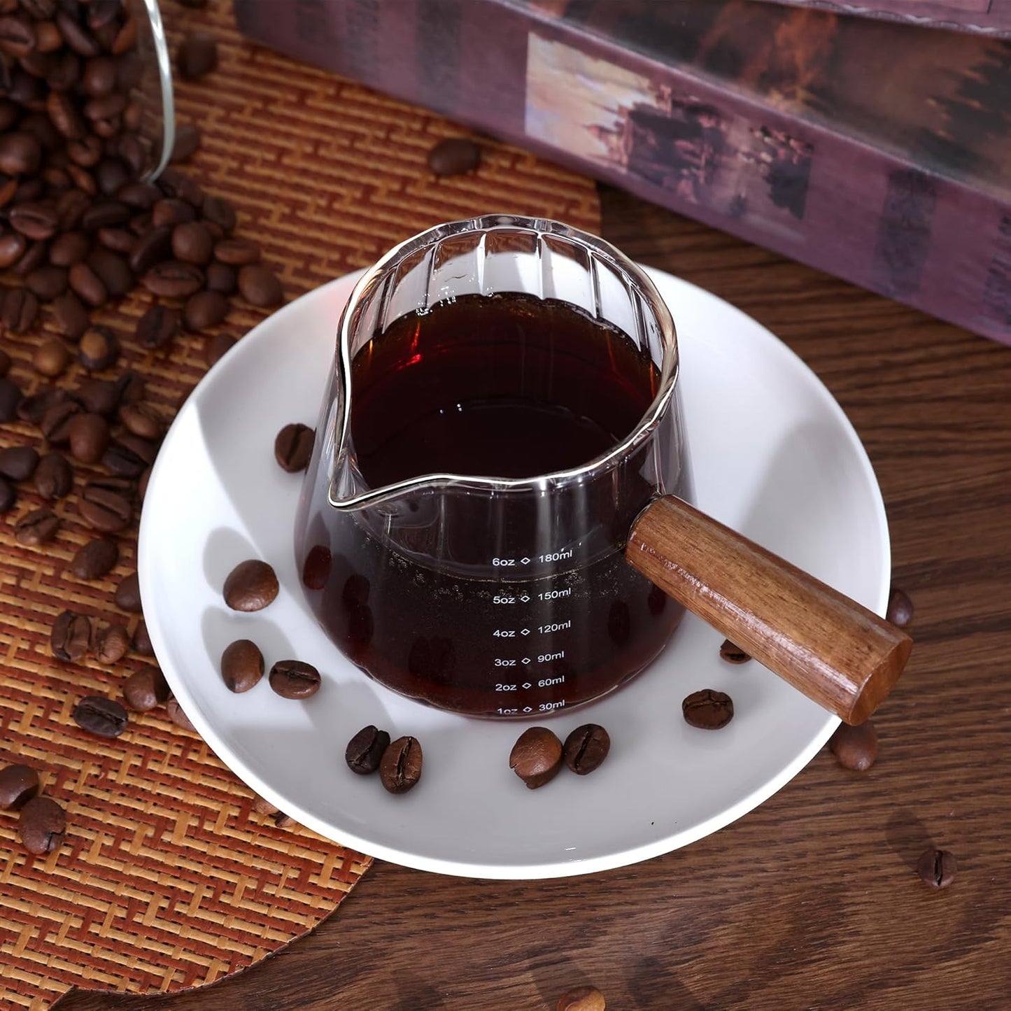 2 PCS Espresso Measuring Cup 6 Oz, Espresso Glass Cups with Wood Handle, Milk Frothing Cup, Espresso Cup for Coffee, Milk, Tea or Maple Syrup Serving
