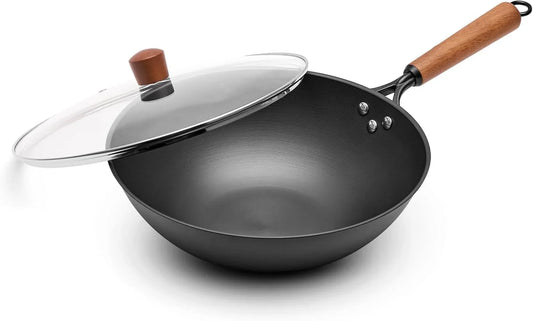 Carbon Steel Wok with Lid, 12.6" Flat Bottom Stir Fry Pan, Rolled Edge Spun Steel Wok, Coating-Free Wok for Induction, Gas & Electric Cooktops
