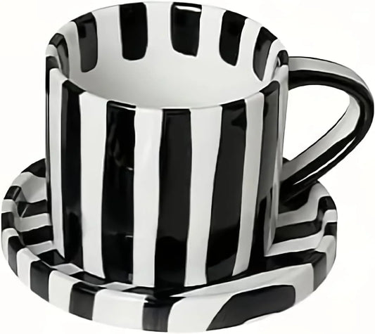 Tea Cup and Saucer, Ceramic 8 Oz Coffee Mug, Dishwasher Safe and Microwave Safe, Black and White