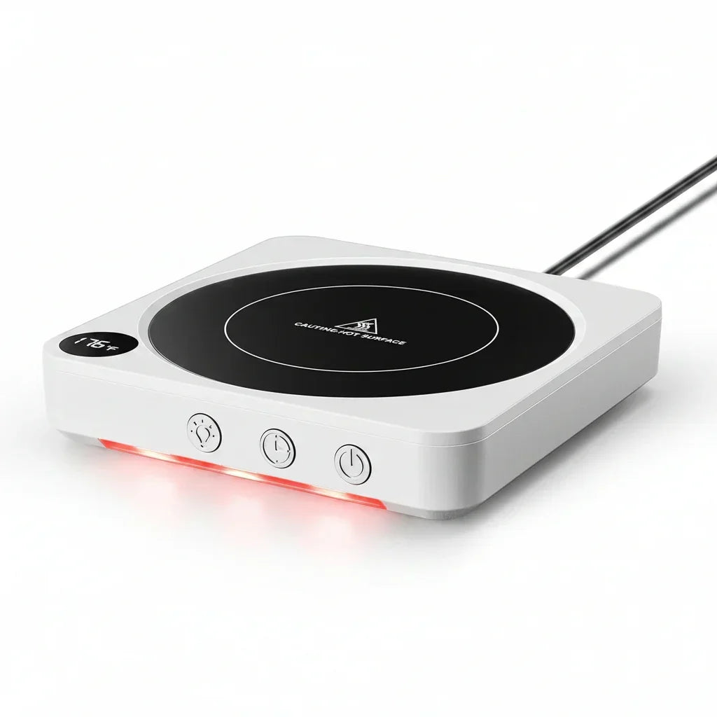 White electric hot plate with digital temp display, red glow, and control buttons for kitchen cooking