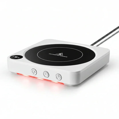 White electric hot plate with digital temp display, red glow, and control buttons for kitchen cooking