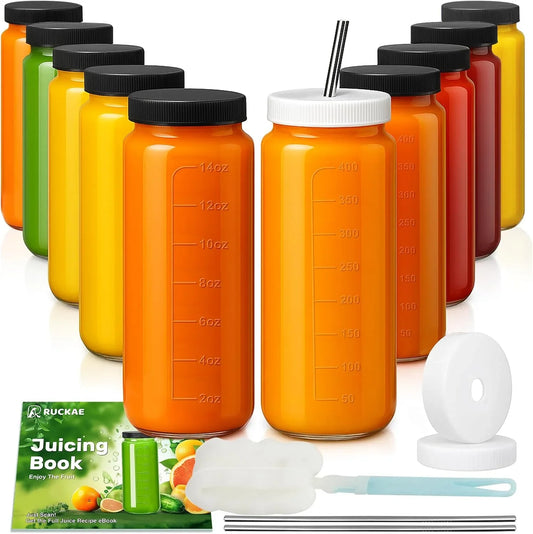 16Oz 10 Pack Juice Bottles, Glass Bottles with Lids, Smoothie Cup Lids and Straws, Water Bottle Mason Jar Drinking Glasses for Juicing, Smoothies, Kombucha