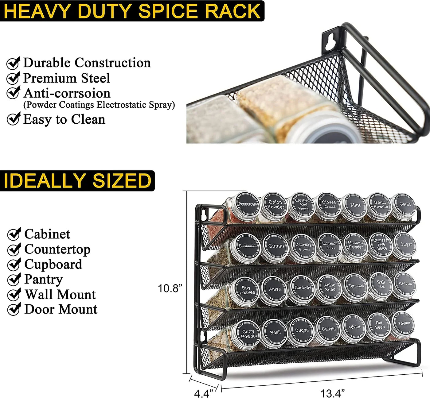 Spice Rack Organizer with 28 Spice Jars, 386 Spice Labels, Chalk Marker and Funnel Set for Cabinet, Countertop, Pantry, Cupboard or Door & Wall Mount - 28 Jars, 13.4" W × 10.8" H, Black