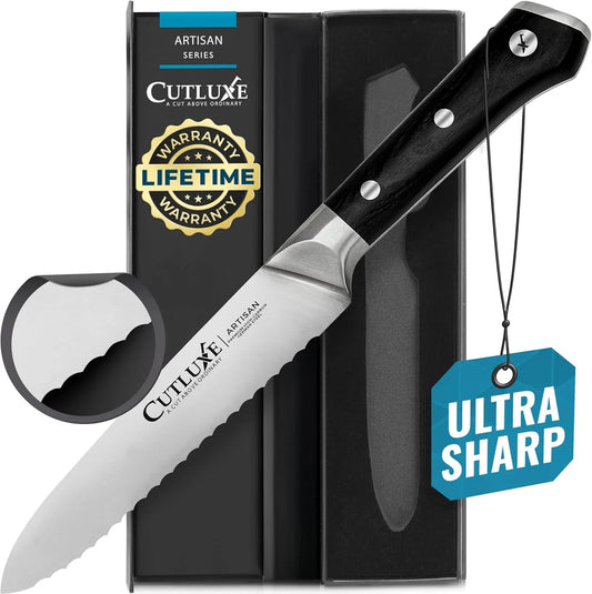 Serrated Kitchen Utility Knife - 5" Tomato Knife – Ultra Sharp Blade, Ergonomic Handle, Full Tang, Forged High Carbon German Steel – Artisan Series