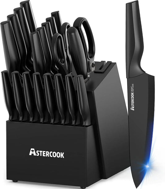 Knife Set,  21 Pieces Knife Sets for Kitchen with Block, Dishwasher Safe Kitchen Knife Set with Built-In Sharpener, German Stainless Steel Black Knife Block Set