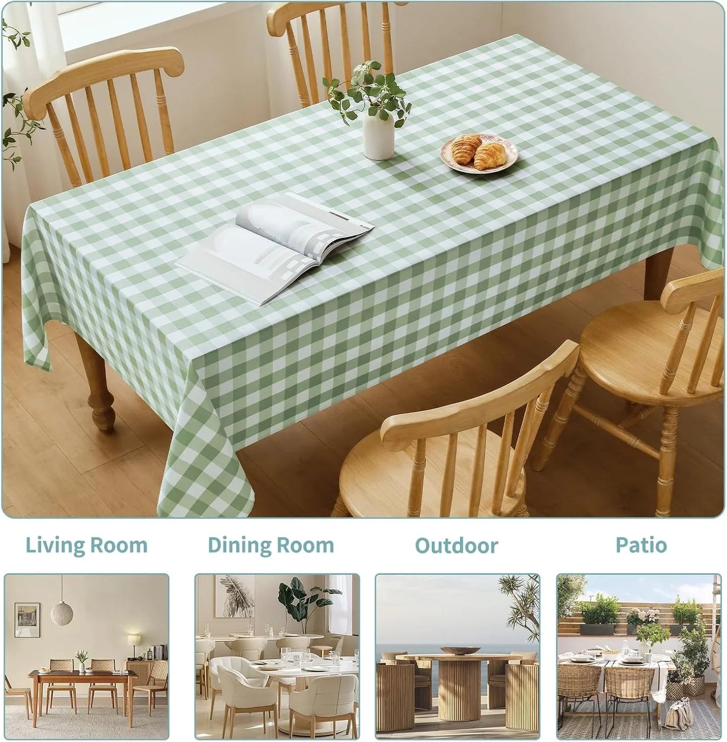 Checkered Tablecloth Rectangle Waterproof Gingham Table Cloth Washable Buffalo Plaid Table Cover Wrinkle Free for Kitchen, Dining and Outdoor Picnic, 60 X 120 Inch, Sage Green and White