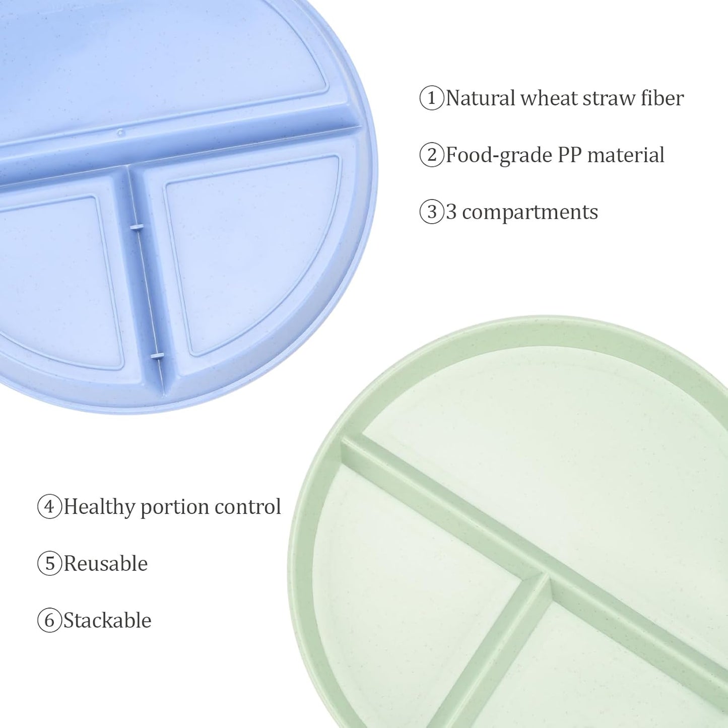 9-Inch Unbreakable Divided Plates, 8-Pack Microwave & Dishwasher Safe Wheat Straw Plates, Bpa-Free, 3-Compartment Portion Control Plates, Durable Dinnerware