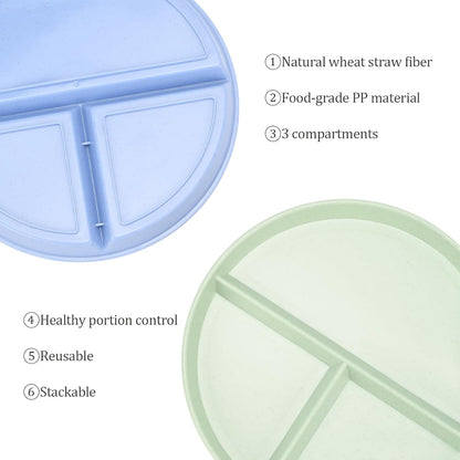 9-Inch Unbreakable Divided Plates, 8-Pack Microwave & Dishwasher Safe Wheat Straw Plates, Bpa-Free, 3-Compartment Portion Control Plates, Durable Dinnerware