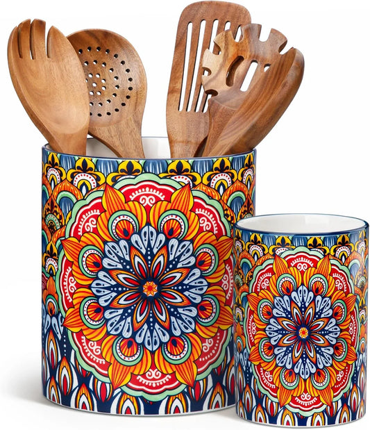 SIMI Utensil Holder, 7.3"+5.5" Porcelain Kitchen Utensil Holder for Countertop, Bohemian Kitchen Utensil Organizer for Spatulas, Spoons, Ladles, Decorative Counter Utensil Crock, Regal Bloom