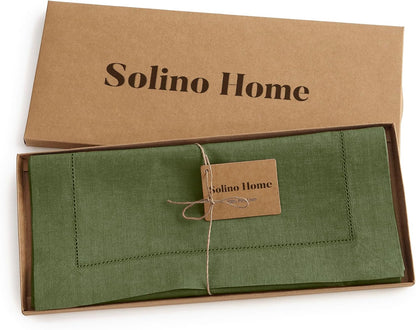 Linen Olive Table Runner 90 Inches Long - 100% Pure Linen 14 X 90 Inch Table Runner - Classic Hemstitch