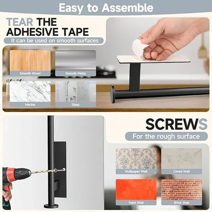 Easy-to-assemble kitchen organizer with adhesive tape for smooth surfaces or screws for rough walls like brick, paint, or wallpaper
