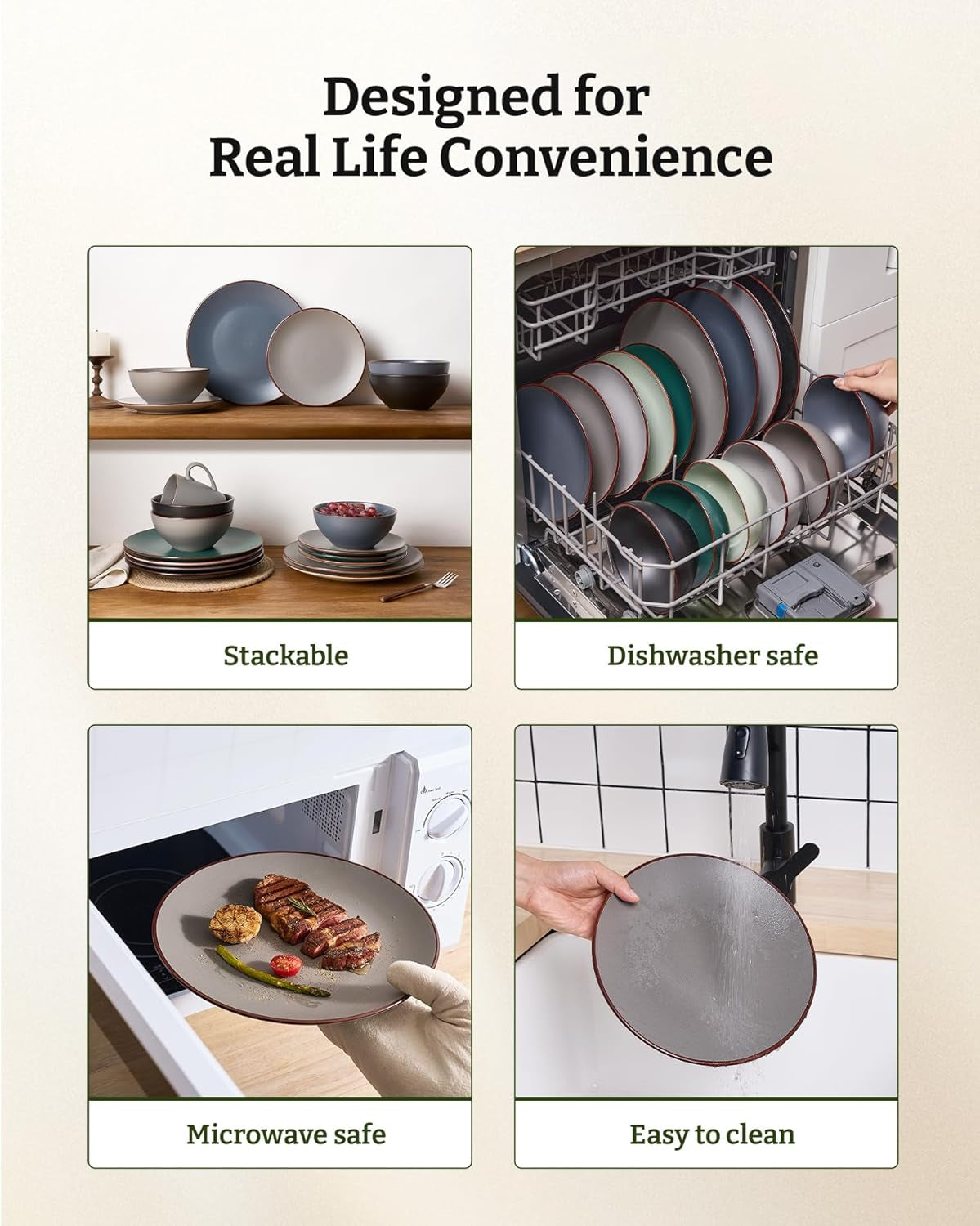 Venus Plates and Bowls Sets, 12 Pieces Stoneware Speckled Dishes Dinnerware Set for 4, Matte Dark Gray - Microwave & Dishwasher Safe, Modern Minimalist, for Everyday Meals & Formal Dining