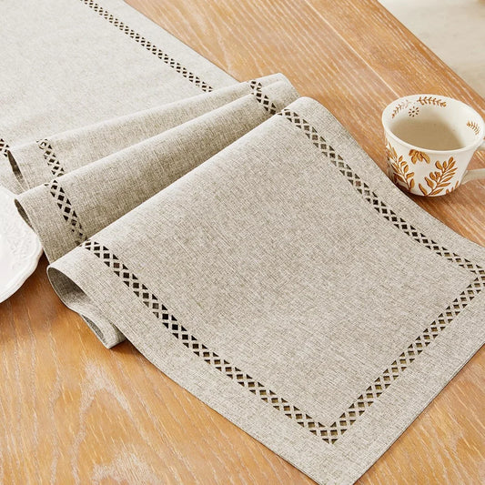 Burlap Style Farmhouse Table Runner, 13 X 90 Inch Coffee, Rustic Geometric Hollow Table Runners 90 Inches Long for Dresser Table Everyday Use, 13X90 Inches, Coffee