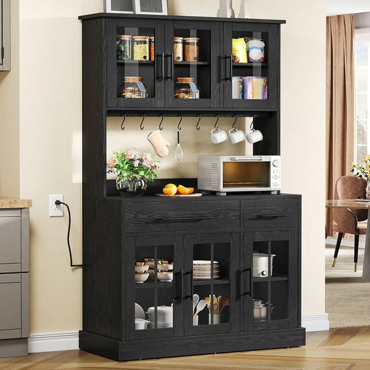 71'' Kitchen Pantry Storage Cabinet with Microwave Stand, Tall Freestanding Hutch Cabinet with Power Outlet, Pantry Cabinets with Buffet Cupboard, Drawers and Acrylic Doors for Home, Black