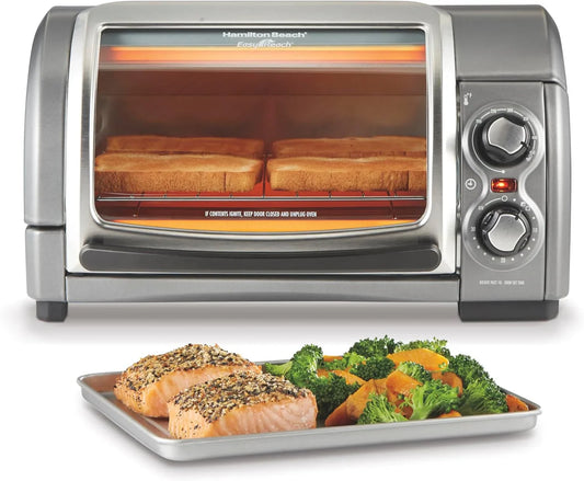 Easy Reach 4-Slice Countertop Toaster Oven with Roll-Top Door, 1200 Watts, Fits 9” Pizza, 3 Cooking Functions for Bake, Broil and Toast, Silver (31344DA)