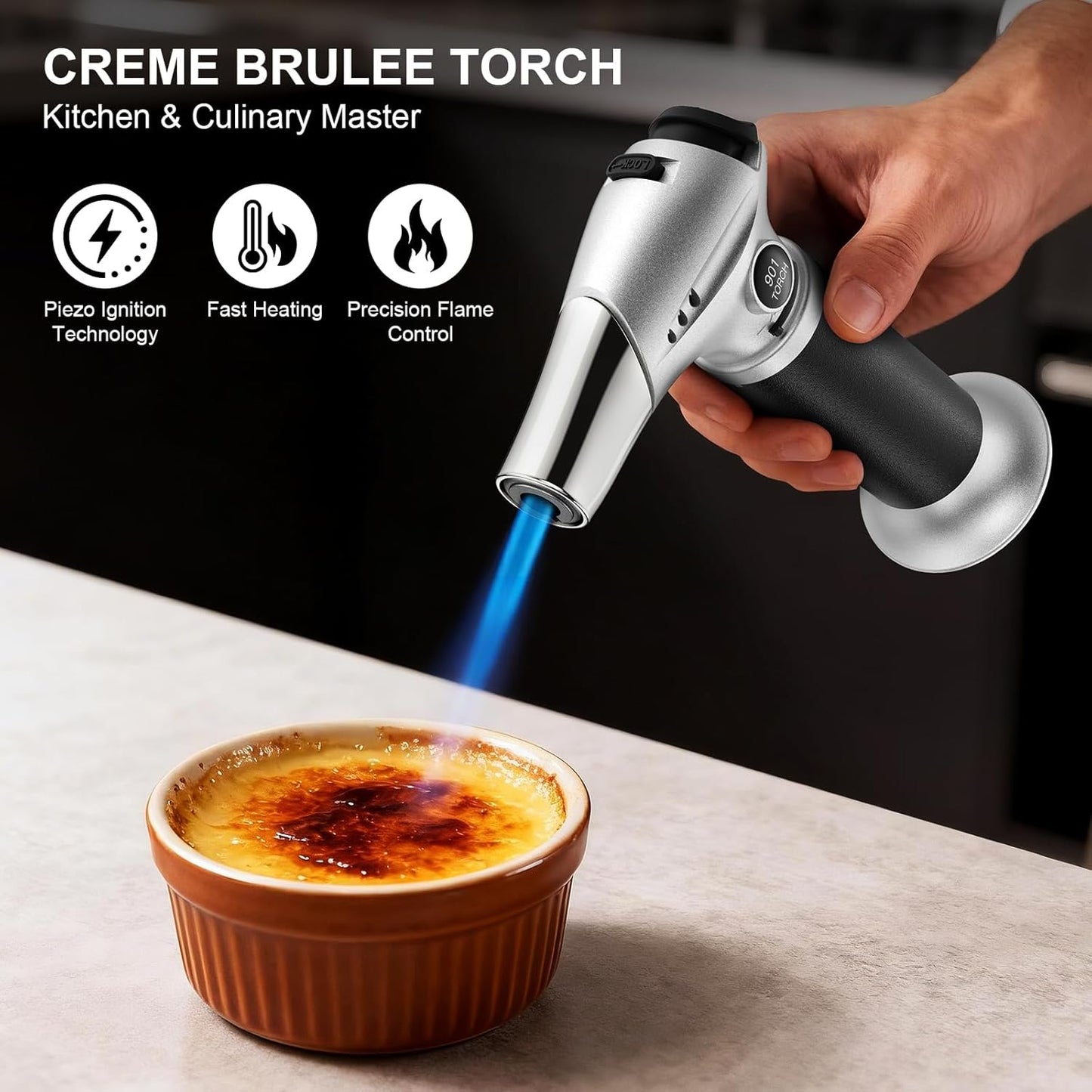 Butane Torch, Kitchen Torch Cooking Torch with Safety Lock & Adjustable Flame for Cooking, BBQ, Baking, Brulee, Creme, DIY Soldering(Butane Not Included)
