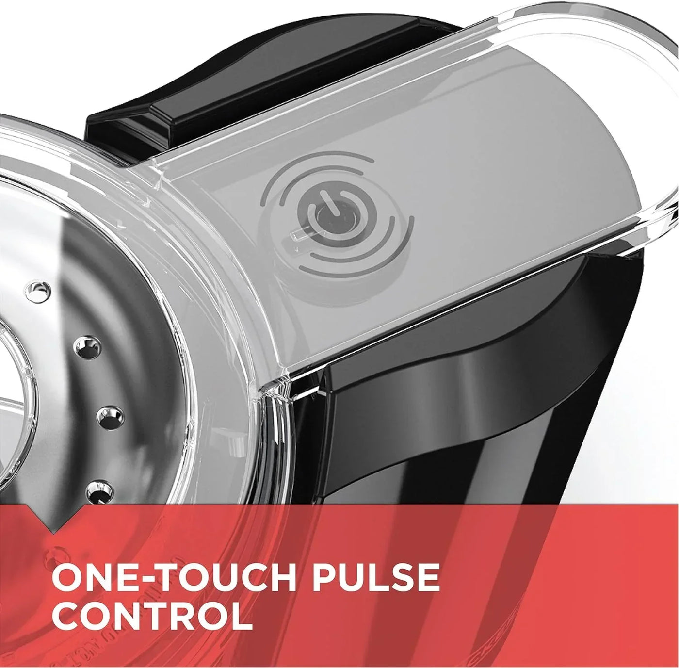One-touch pulse control on modern kitchen appliance with sleek black and transparent design