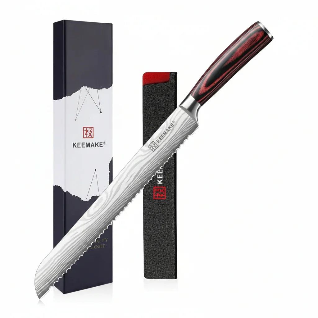 Serrated bread knife with wooden handle, KEEMAKE brand, in sleek packaging for kitchen use