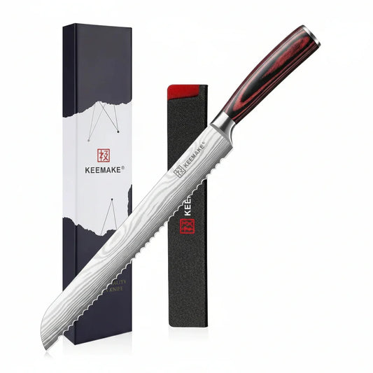 Serrated bread knife with wooden handle, KEEMAKE brand, in sleek packaging for kitchen use