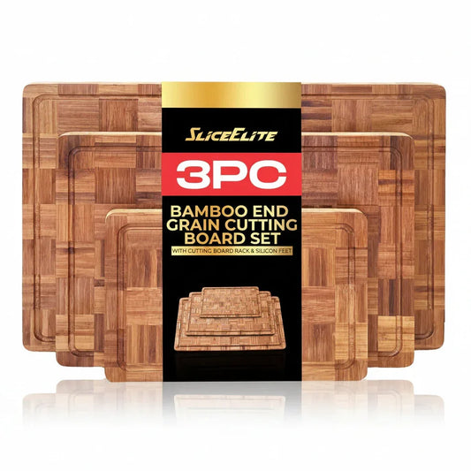 Extra Large Bamboo Cutting Board Set 3 Piece End Grain Wooden Chopping Boards with Holder Non Slip Feet Juice Groove XL Butcher Block Style Boards for Kitchen Carving and Serving