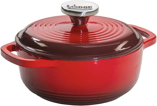 1.5 Quart Enameled Cast Iron Dutch Oven with Lid – Dual Handles – Oven Safe up to 500° F or on Stovetop - Use to Marinate, Cook, Bake, Refrigerate and Serve – Red