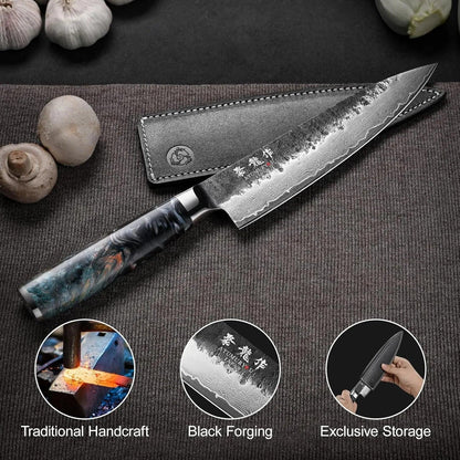 Handcrafted Damascus chef knife with marbled handle, leather sheath, and forging details.