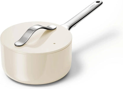 Nonstick Ceramic Sauce Pan with Lid (1.75 Qt) - Non Toxic, PTFE & PFOA Free - Oven Safe & Compatible with All Stovetops (Gas, Electric & Induction) - Cream