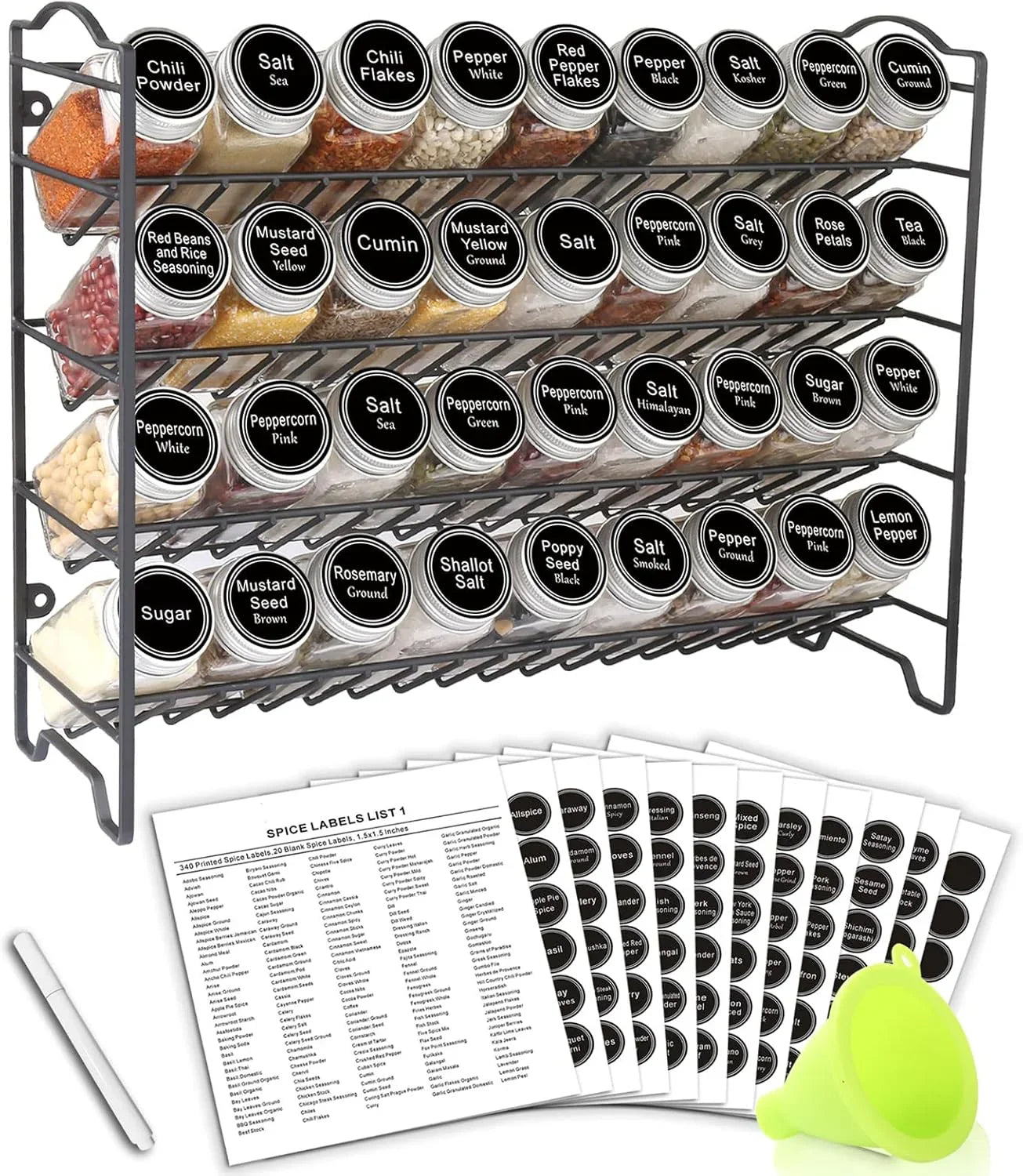 Spice Rack Organizer with 36 Empty Square Spice Jars, 396 Spice Labels with Chalk Marker and Funnel Complete Set, for Countertop, Cabinet or Wall Mount, Black