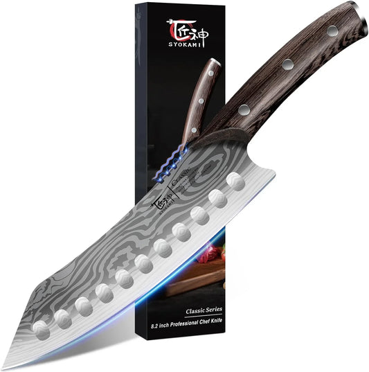 Japanese Kitchen Knife, 8.2 Inch Chef Knife, Carbon Steel Kiritsuke, Razor Sharp Santoku for Precision Cutting, Damascus Pattern, Full Tang Wood Handle,Thanksgiving Christmas Cooking Gifts