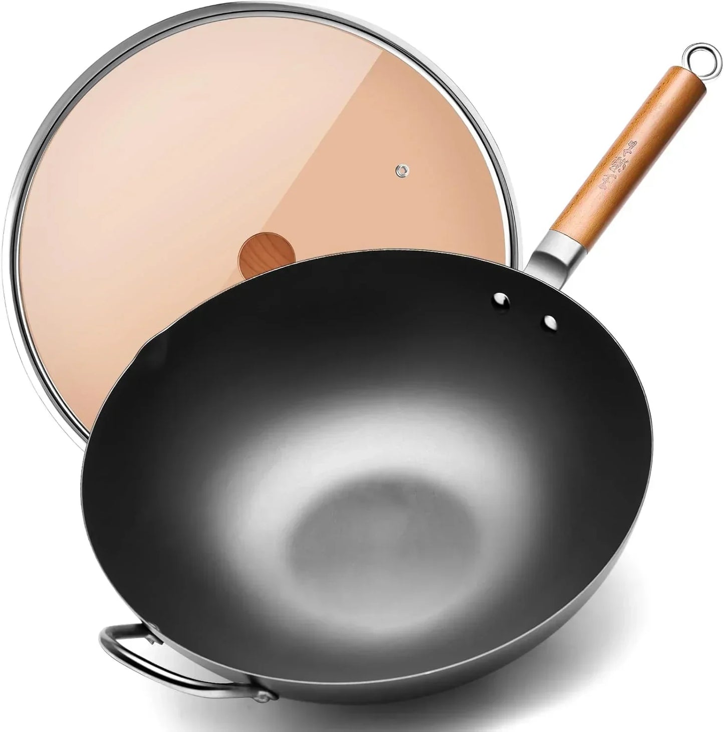 Black carbon steel wok with wooden handle and glass lid, ideal for stir-fry cooking and kitchen essentials