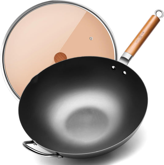 Carbon Steel Wok 14.2", Large Nitriding Flat Bottom Stir Fry Pan with Lid, No Chemical Coating Rust Resistant Iron Skillet for Induction Electric Gas Stoves, Big Capacity Serves 6+