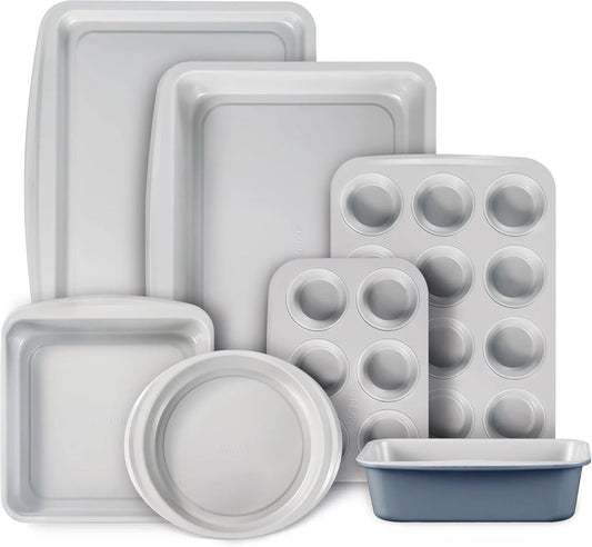 7-Piece Nonstick Stackable Baking Pans Set - Bakeware Sets Including Cookie Sheets for Baking, Muffin Pan, Bread Pan, Cake Pan, Loaf Pan, Roasting Pan, Gray & Blue