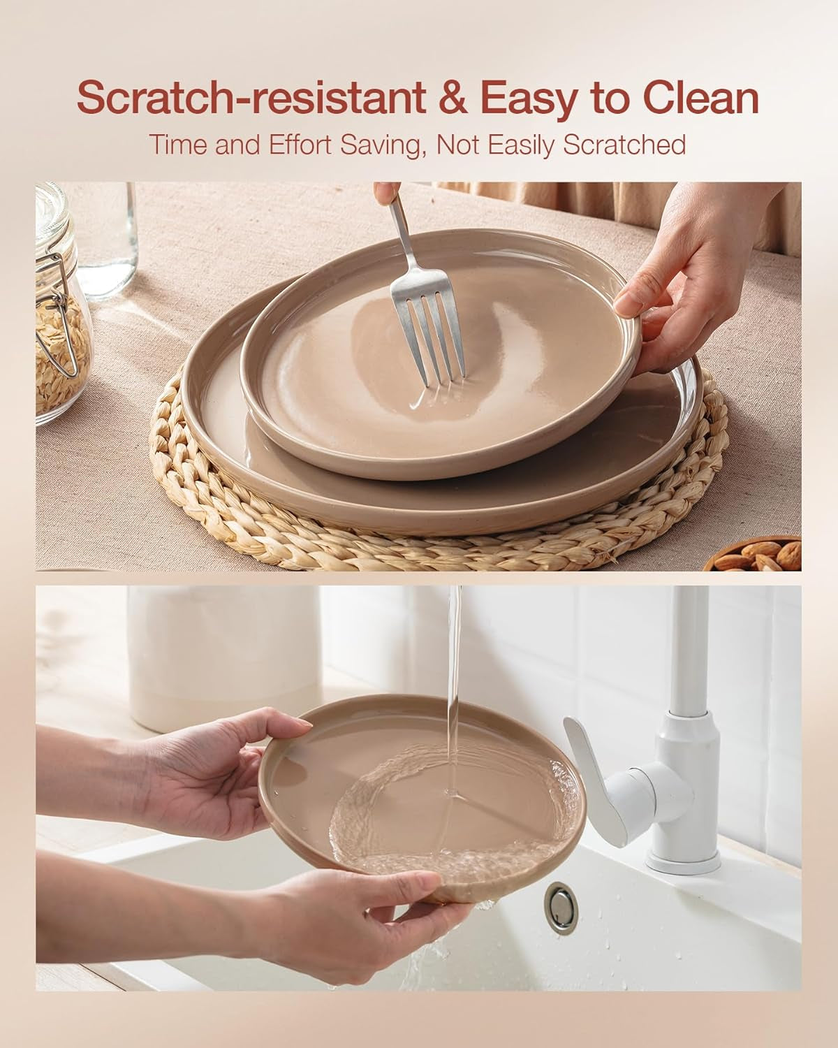 Milkyway Dinnerware Sets, 24 Piece Dish Set, Plates and Bowls Sets for 8, Cinnamon Brown
