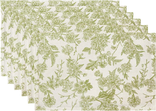 Boho Placemats Set of 6, 12X18 Inch Linen Fabric Floral Place Mats for Kitchen Dinning, Farmhouse Rustic Cloth Table Mats, Washable Placemat Party Table Décor, Green Botanical Art
