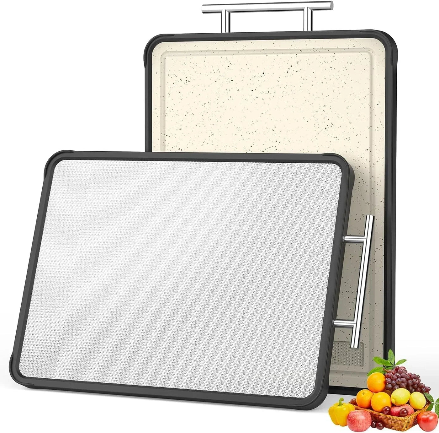 Non-stick grill mat and speckled baking sheet with handles, ideal for kitchen cooking and baking tasks.