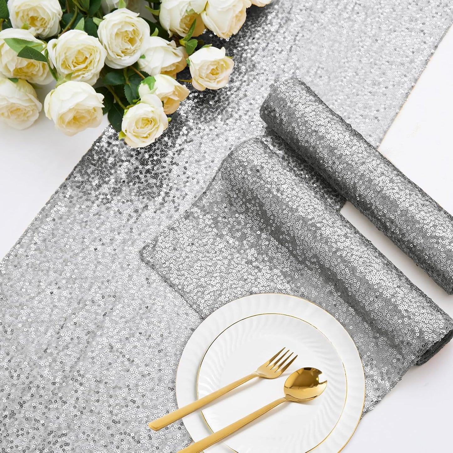 12 Pack Silver Sequin Table Runner 12" X 72", Glitter Sparkle Sequin Runners for Birthday Party Wedding Banquet & Baby Shower, Party Table Decorations Supplies